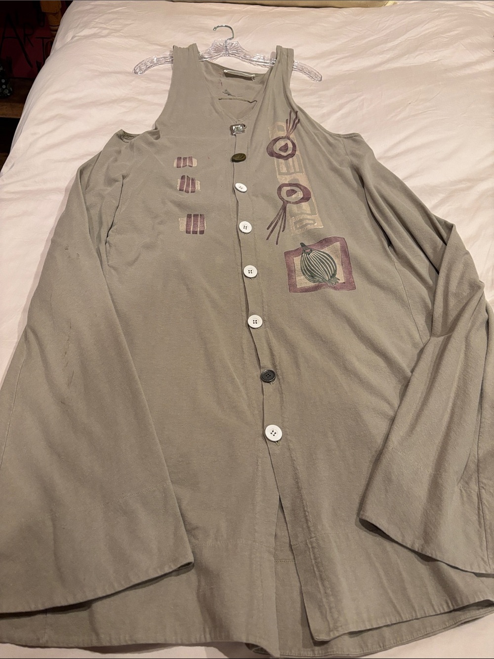 Blue Fish Olive Green Button-Front Womens Tunic Dress with Decorative Appliqué